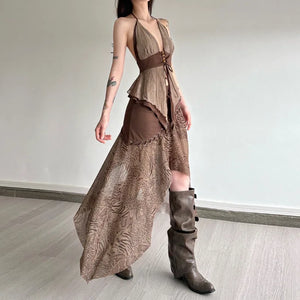 Boho Asymmetric Top & Leopard Midi Skirt Two Piece Set