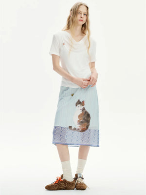 Cat Print Midi Skirt