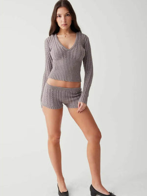 Knitted Hoodie & Shorts Two Piece Set
