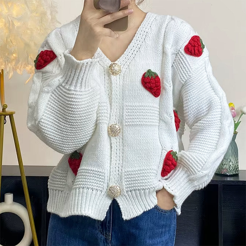 3D Strawberry Pattern Cardigan