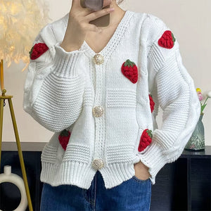 3D Strawberry Pattern Cardigan