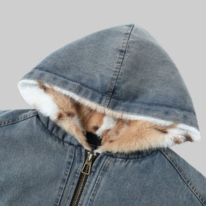 Fur Lined Hooded Denim Jacket