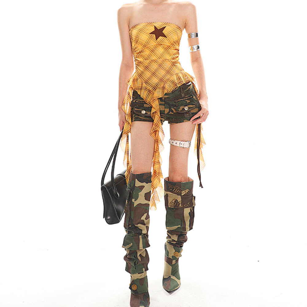 Y2K Star Plaid Asymmetric Tube Top
