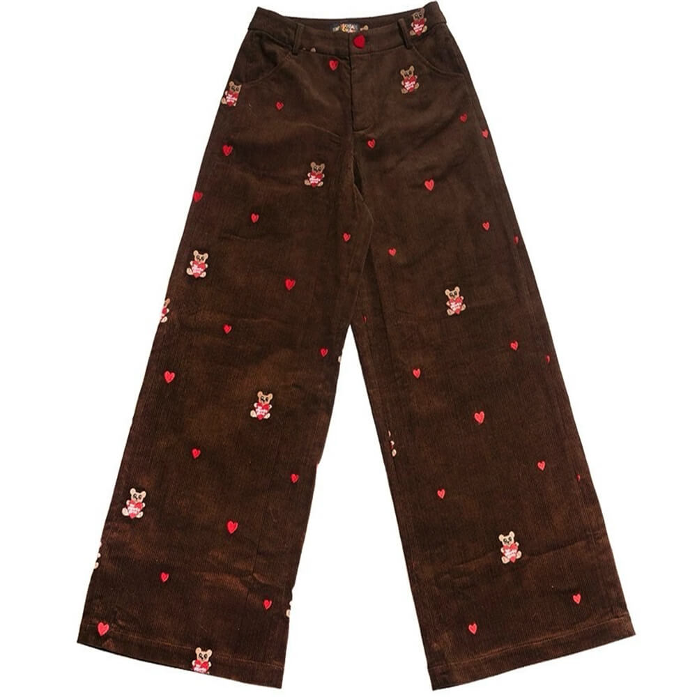 Bear Embroidery Cord Pants
