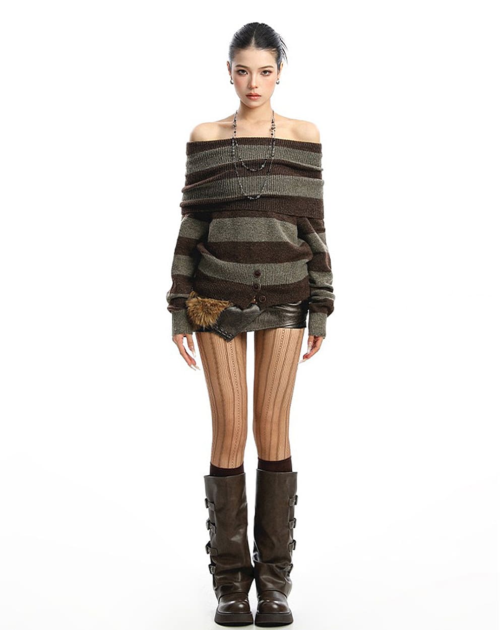 Black and Grey Off-Shoulder Knit Top