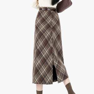 Coffee Cream Plaid Midi Skirt