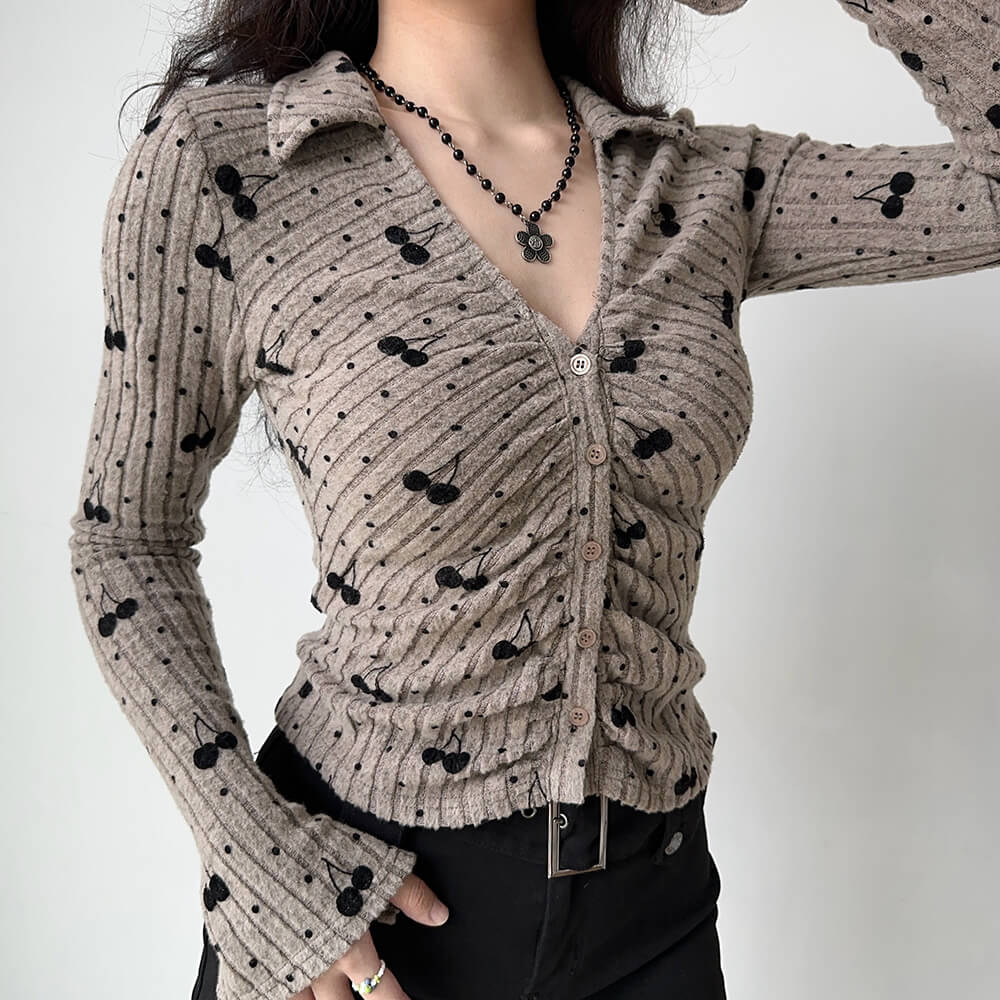 Cherry Print Button-Up Top