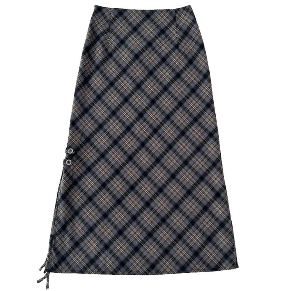 Dark Academia Plaid Side-Slit Skirt