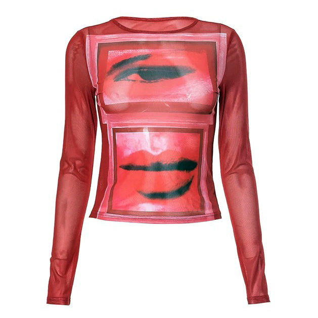 Eye & Lips Print Mesh Top in Red