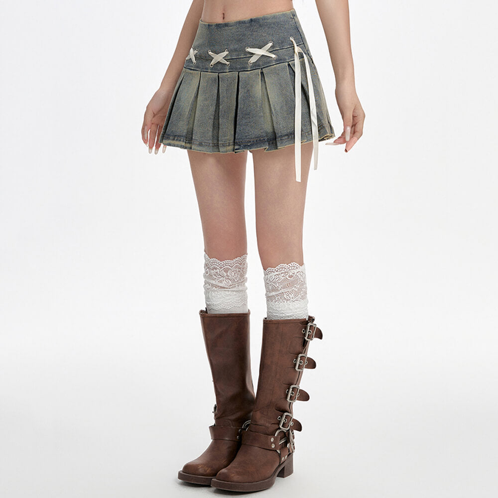 Fairy Grunge Lace Up Denim Pleated Skirt