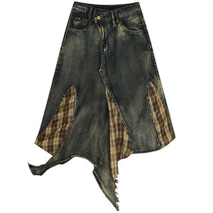 Grunge Patchwork Plaid Denim Skirt