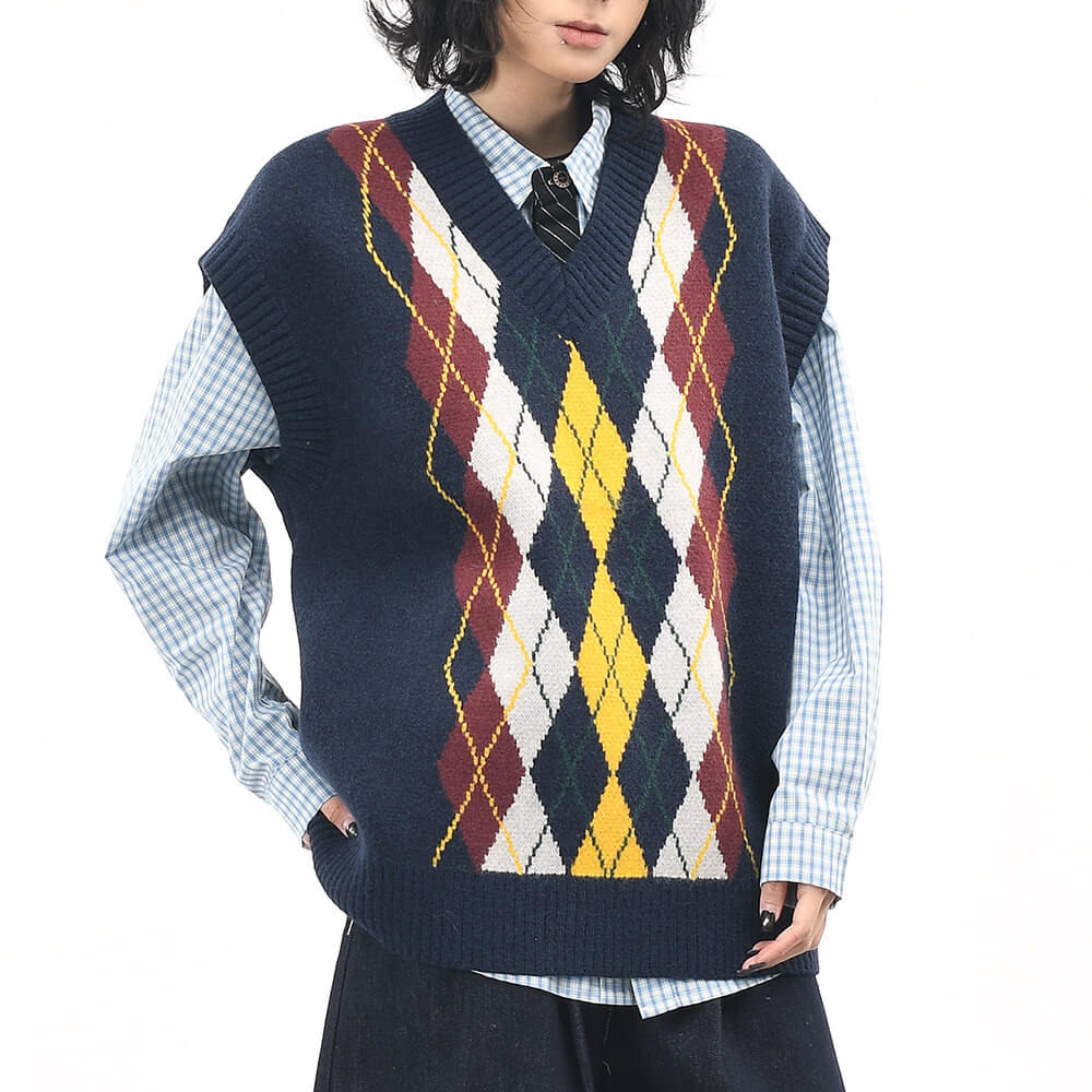Oversized Argyle V-Neck Grandpa Knit Vest