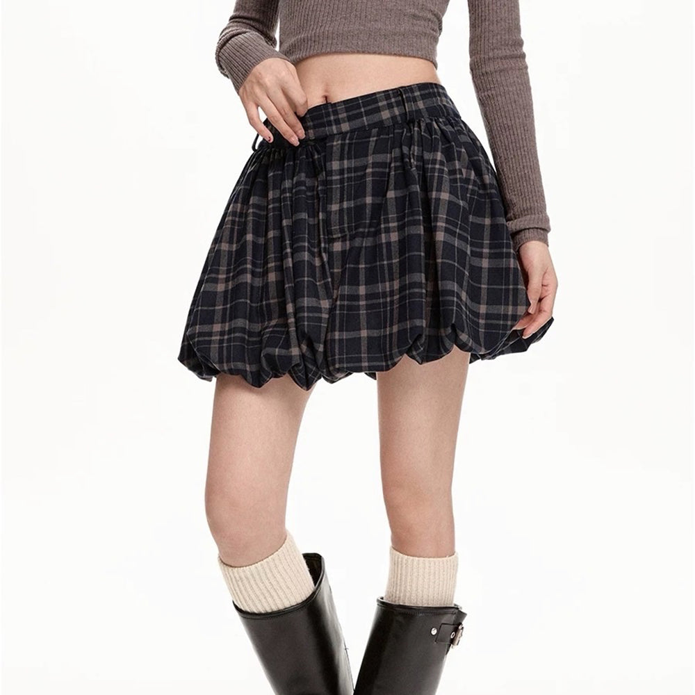 Preppy Plaid Balloon Mini Skirt