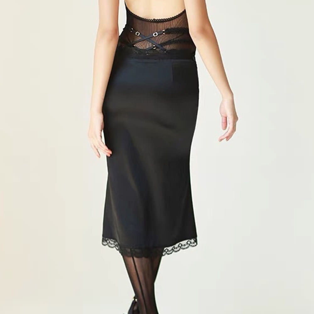 Satin Coquette Bow Lace Midi Skirt