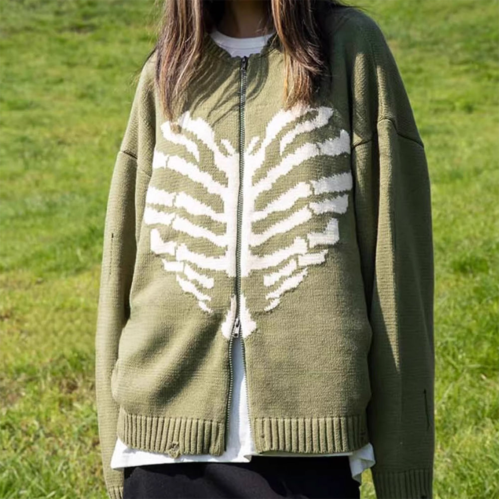 Skeleton Print Zip Up Sweater