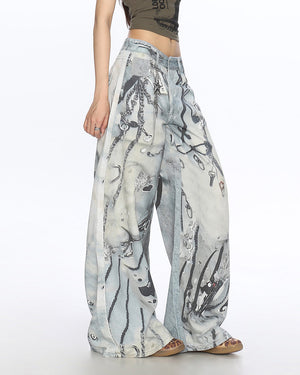 Washed Blue Chain Print Jeans