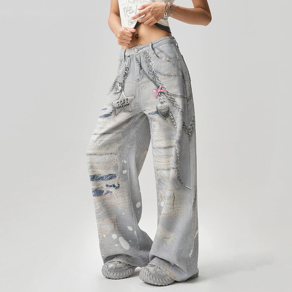 Washed Grey Y2K Chain Print Jeans