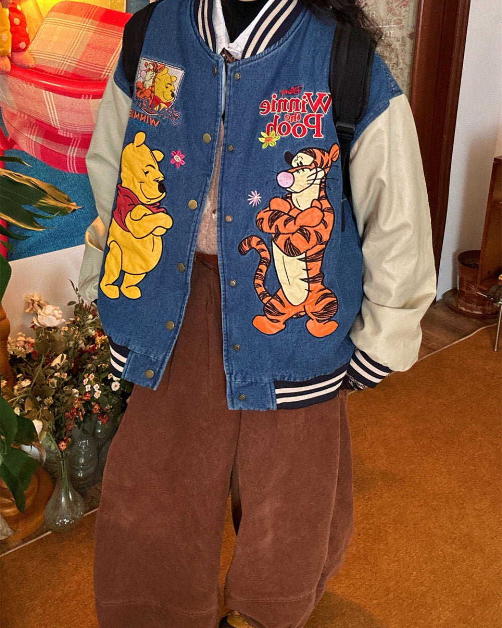 Cartoon Embroidery Denim Bomber Jacket