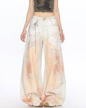 Y2K Chain Print Wide Leg Jeans in Peach